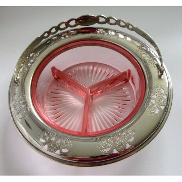 VTG Pink Depression GLASS Divided DISH W/HANDLE Candy/NUT FARBERWARE Silver Rim - Picture 7 of 16